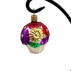 OWC Blown Glass Christmas Ornament Basket of Flowers Made in Germany VTG EUC